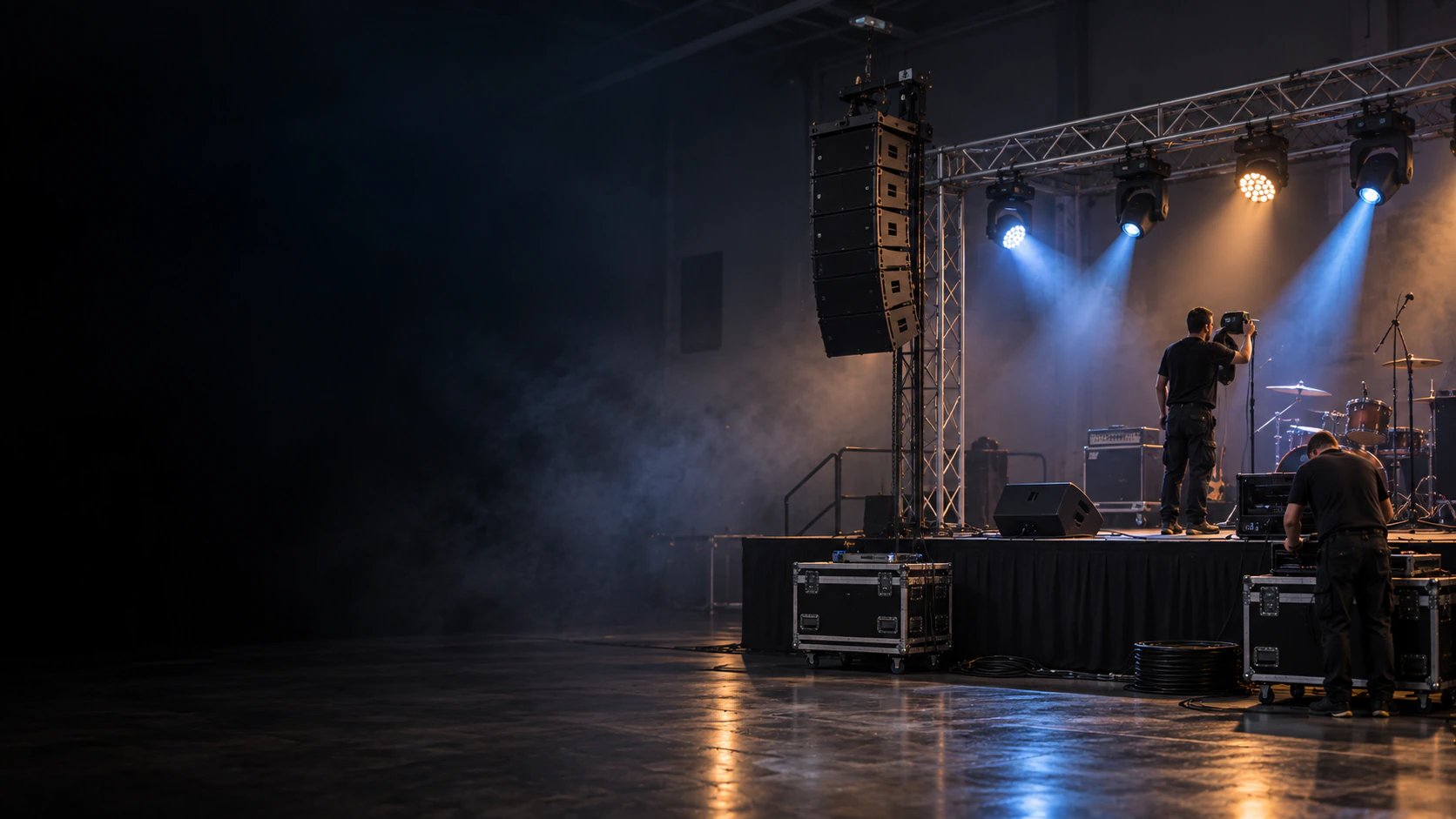 Line array, truss con cabezas móviles y técnicos montando el escenario de un recinto antes del evento